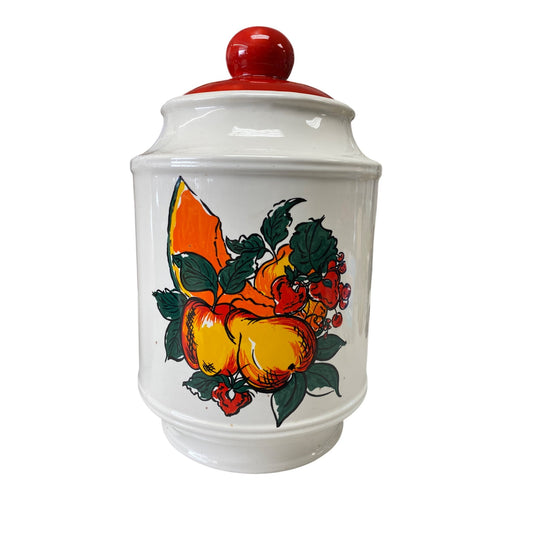 Vintage Ceramic Kitchen Cookie Jar With Bright Red Lid & Fruit Design