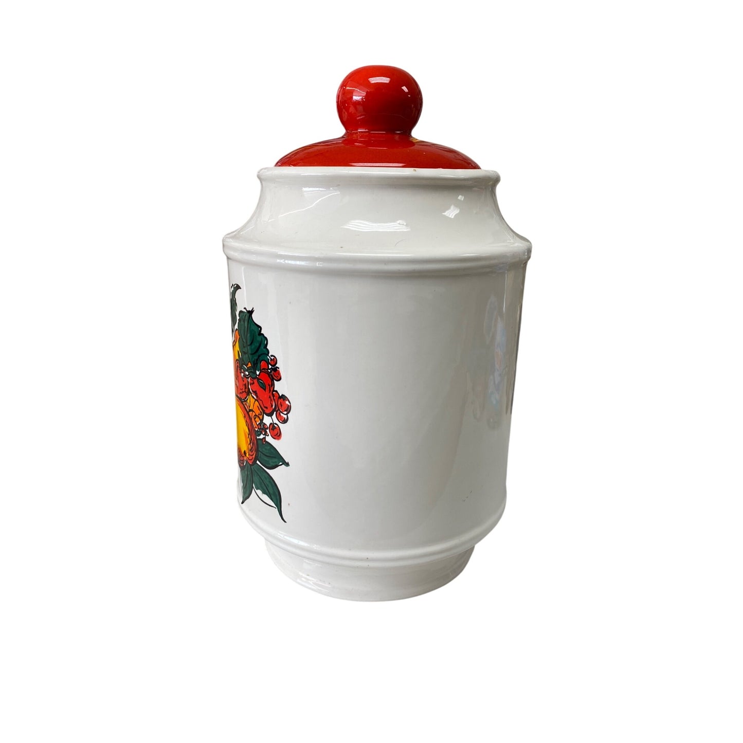 Vintage Ceramic Kitchen Cookie Jar With Bright Red Lid & Fruit Design