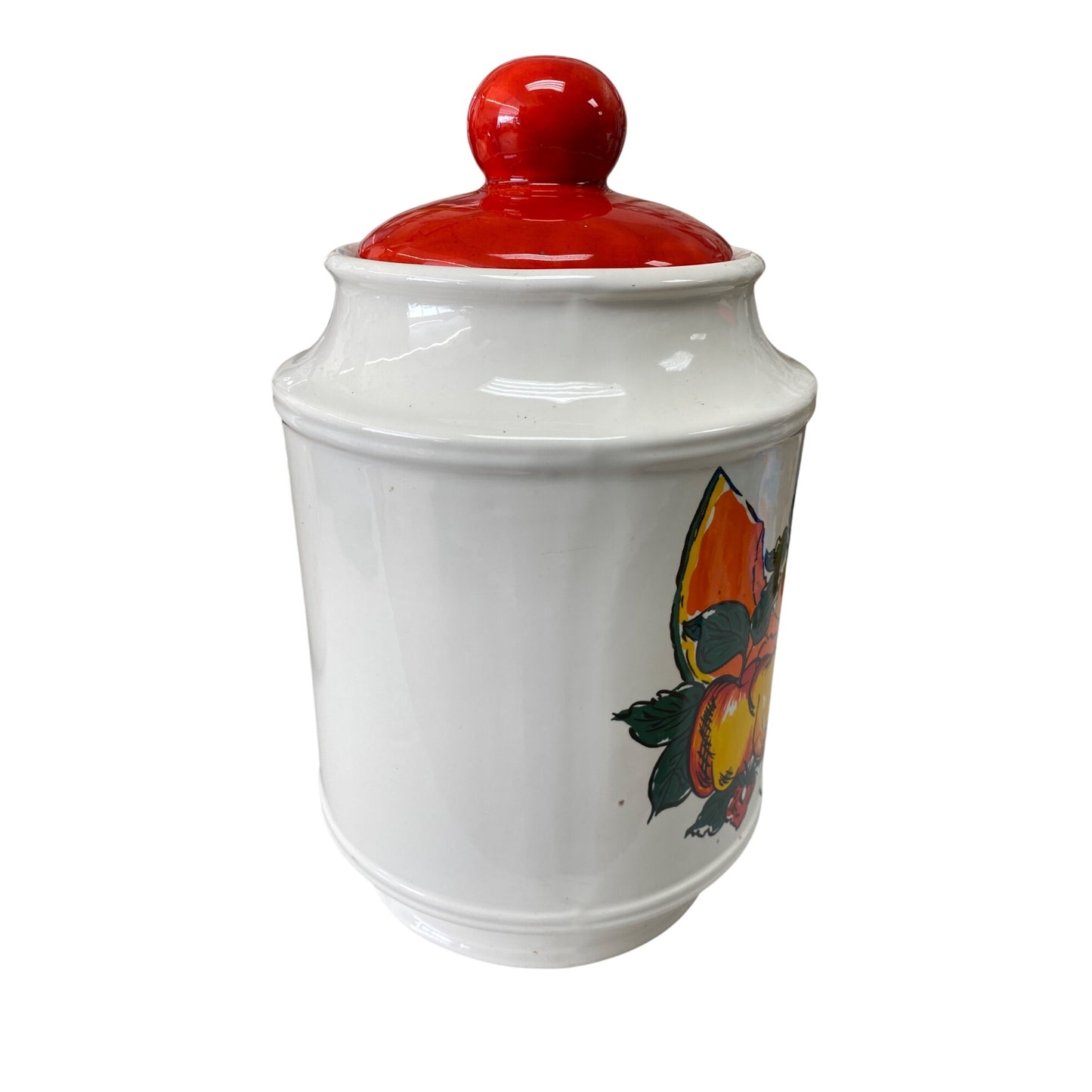 Vintage Ceramic Kitchen Cookie Jar With Bright Red Lid & Fruit Design