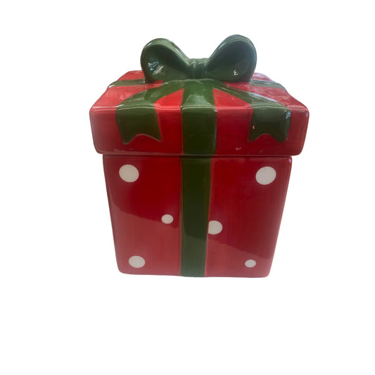 Christmas Gift Box Ceramic Cookie Jar With Bow & Polka Dots