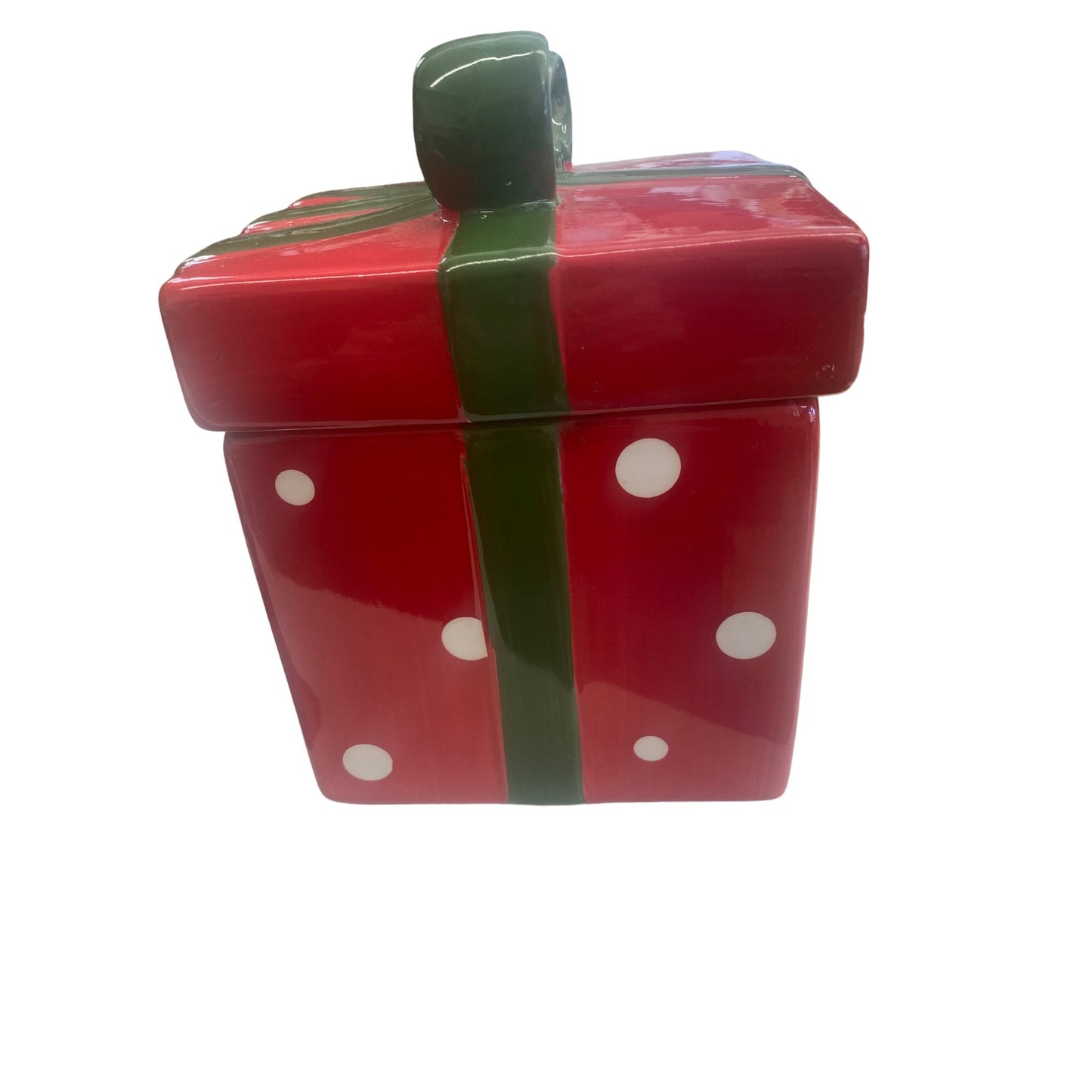 Christmas Gift Box Ceramic Cookie Jar With Bow & Polka Dots