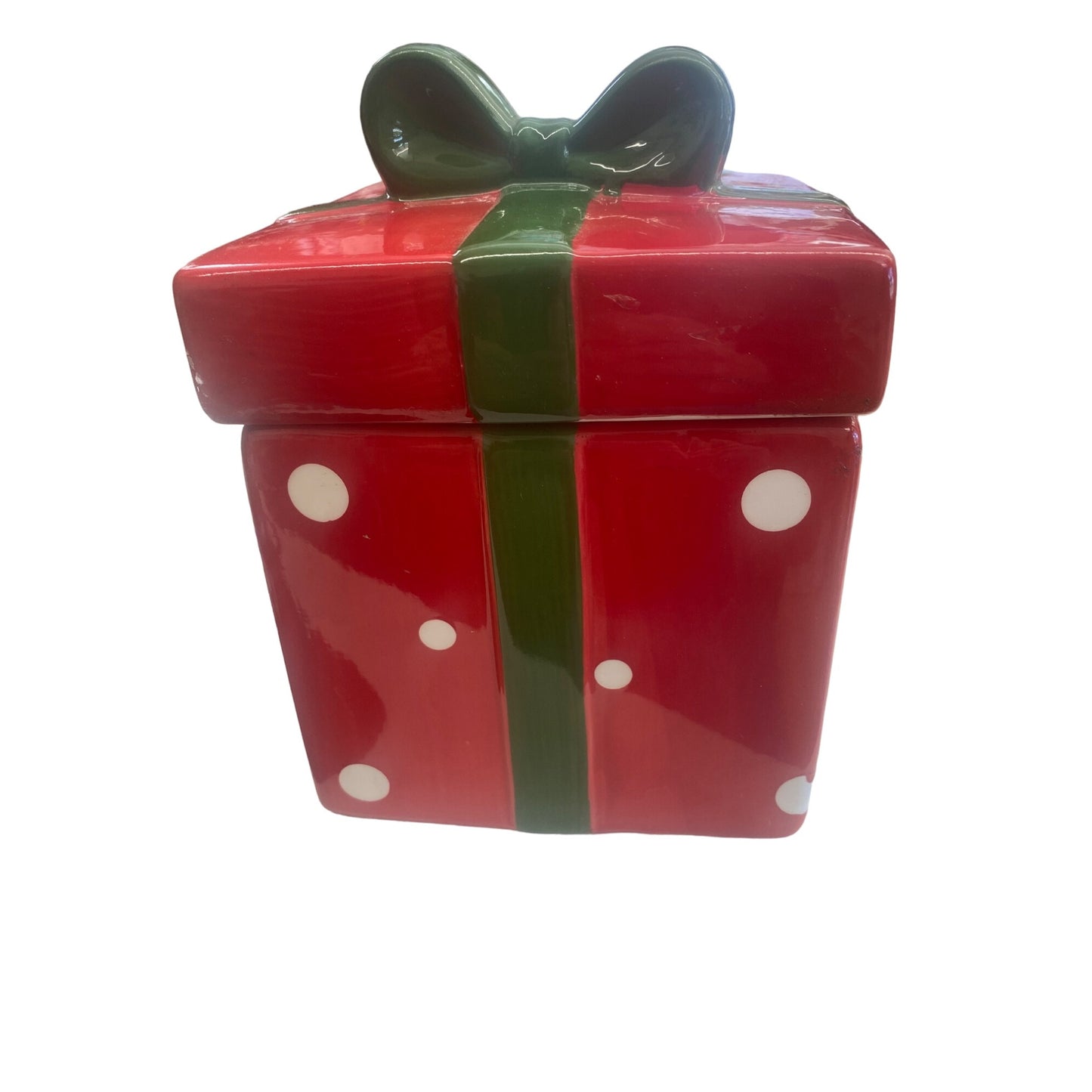 Christmas Gift Box Ceramic Cookie Jar With Bow & Polka Dots
