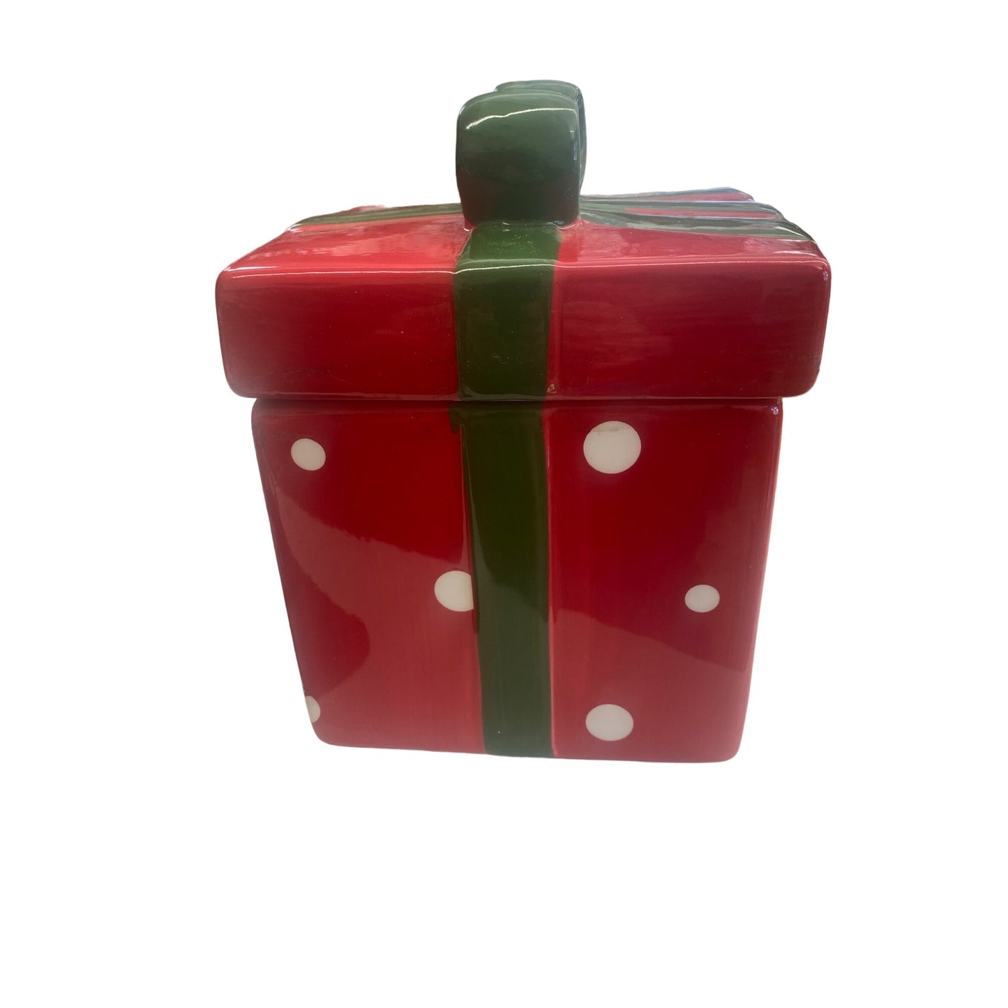Christmas Gift Box Ceramic Cookie Jar With Bow & Polka Dots