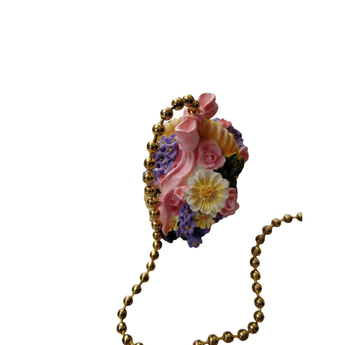 Miniature Floral Basket With Gold Pull Chain