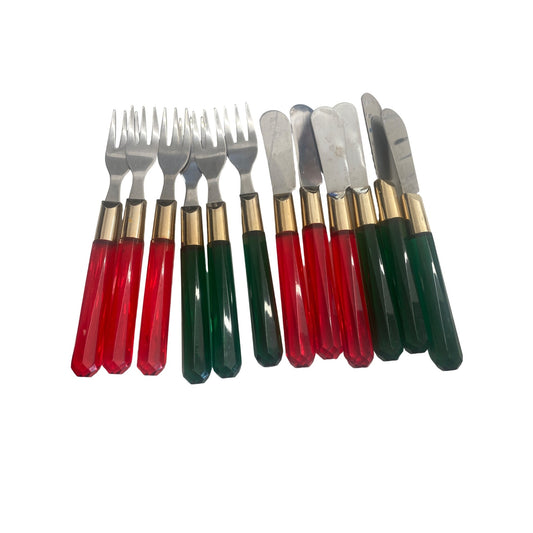 Vintage Red & Green Lucite Handle Fork & Knife Set Appetizer Forks and Knives set of 6 Each