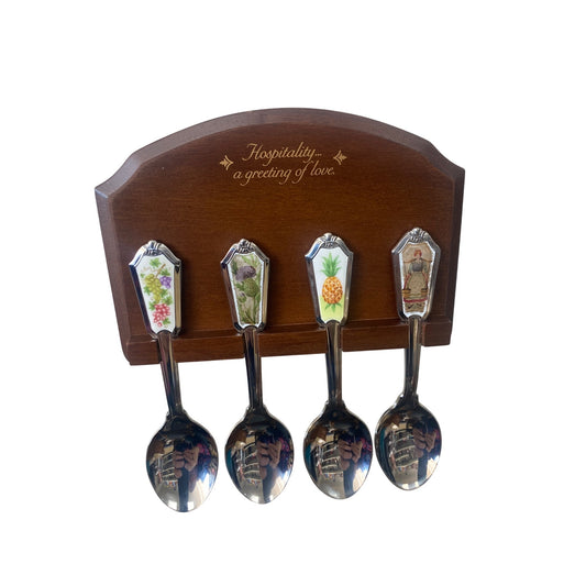 Vintage Avon 1985 Decorative Collector Spoons & Wooden Wall Display Set Of 4 Fruit & Floral Designs