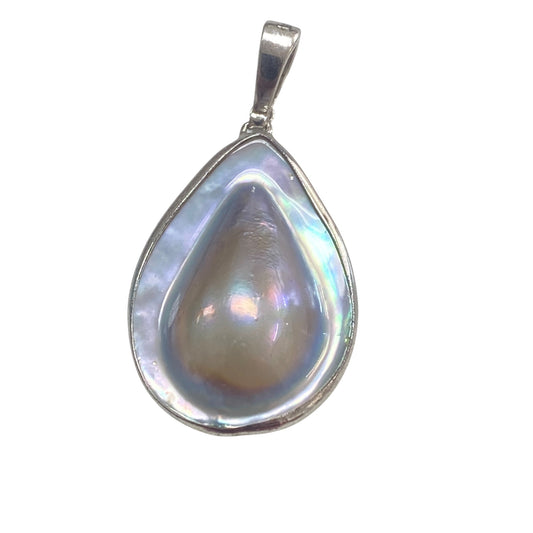 Mother Of Pearl & Sterling Silver Teardrop Pendant Jewelry Handmade 1.75 Inches Long