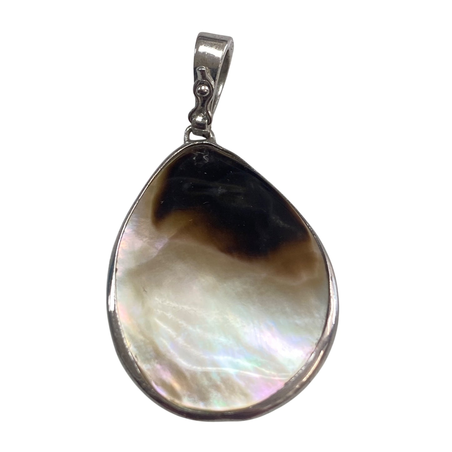 Mother Of Pearl & Sterling Silver Teardrop Pendant Jewelry Handmade 1.75 Inches Long