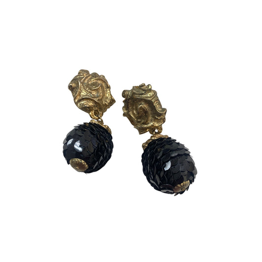Vintage Gold-Tone Clip-On Earrings With Black Sequin Ball Dangle