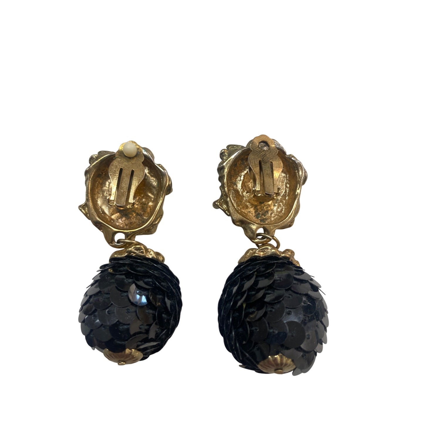Vintage Gold-Tone Clip-On Earrings With Black Sequin Ball Dangle