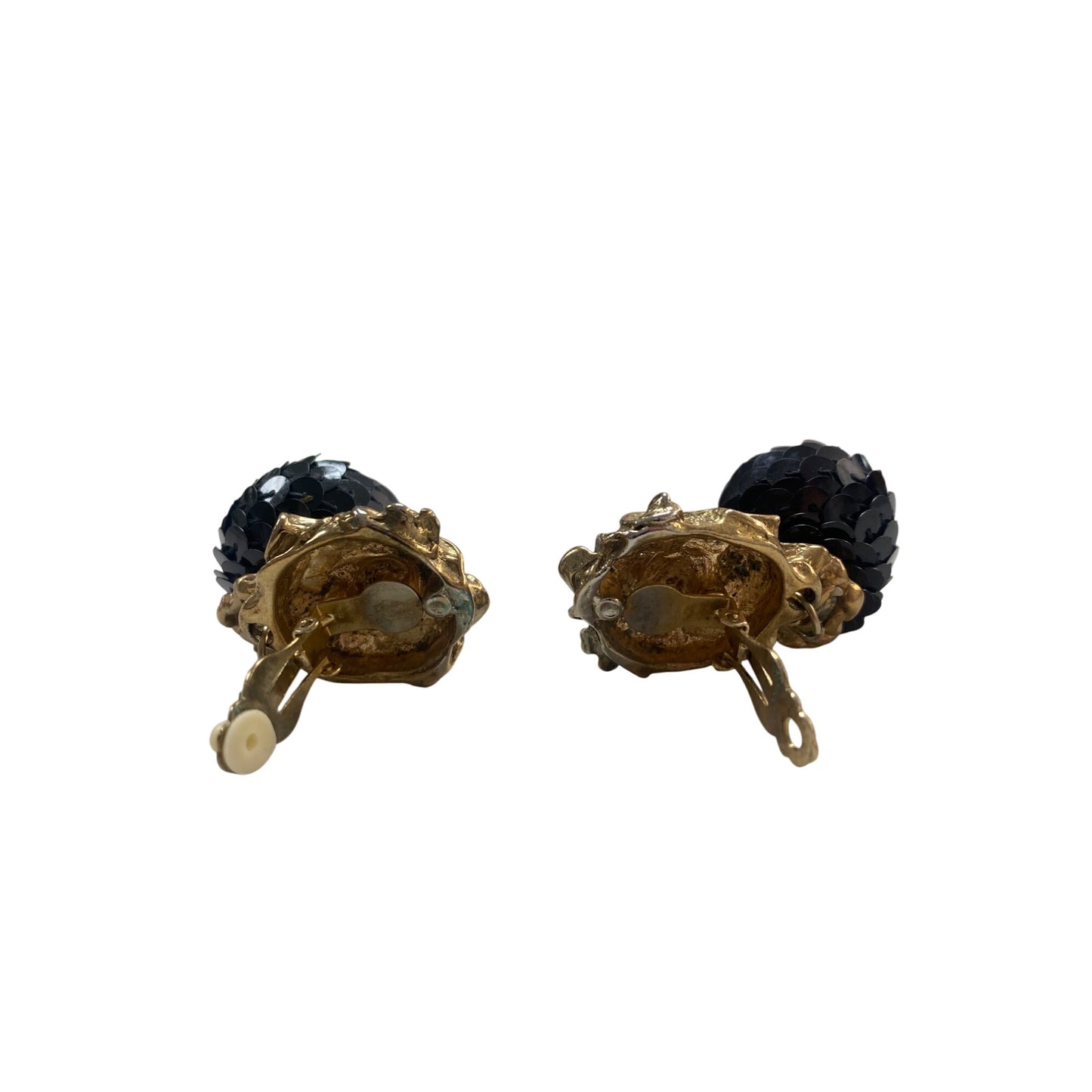 Vintage Gold-Tone Clip-On Earrings With Black Sequin Ball Dangle