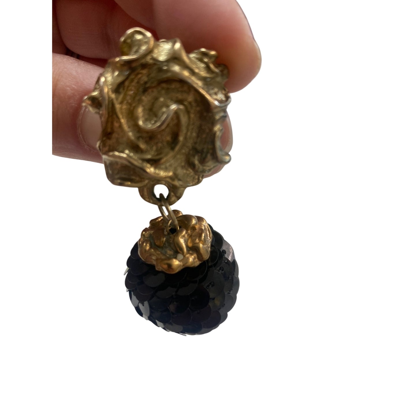 Vintage Gold-Tone Clip-On Earrings With Black Sequin Ball Dangle