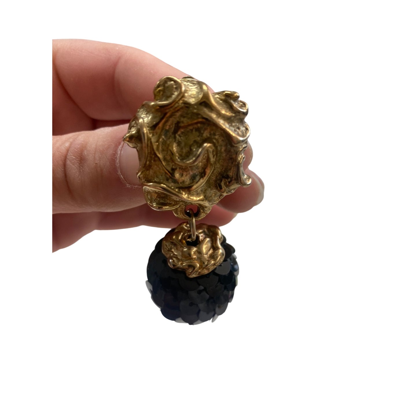 Vintage Gold-Tone Clip-On Earrings With Black Sequin Ball Dangle