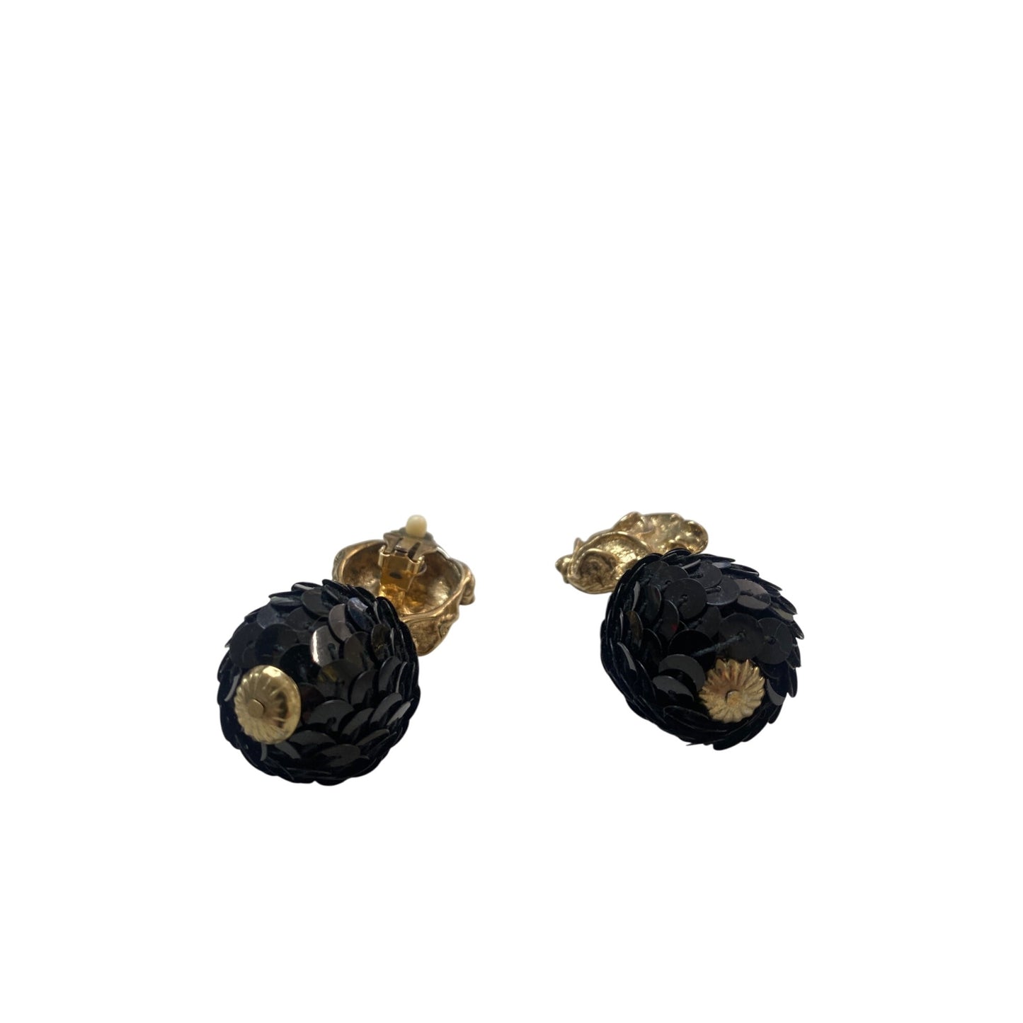 Vintage Gold-Tone Clip-On Earrings With Black Sequin Ball Dangle