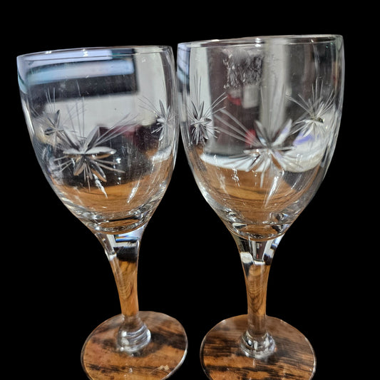 Vintage Starburst Etched Crystal Wine Glasses Set Of 2