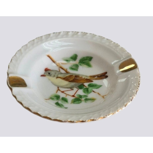 Vintage Porcelain Bird Design Mini Ashtray Gold Accents