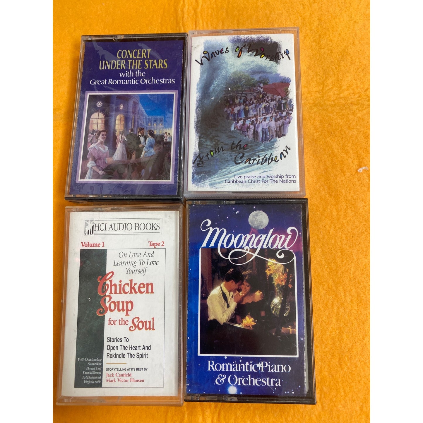 Vintage Cassette Tape Collection With Concert Under The Stars Waves Of Worship Chicken Soup For The Soul & Moonglow