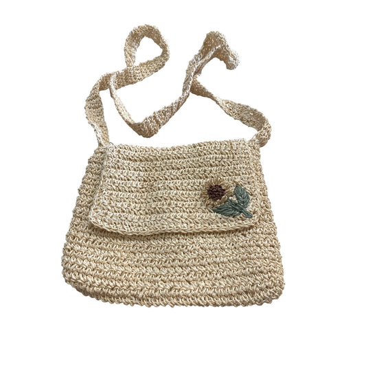 Handcrafted Beige Straw Crochet Shoulder Bag With Sunflower Embroidery