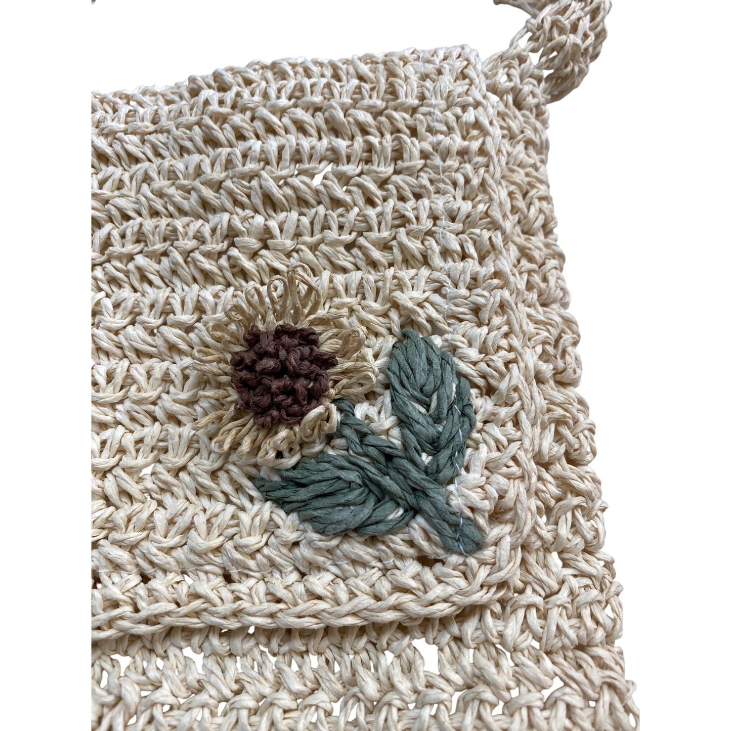 Handcrafted Beige Straw Crochet Shoulder Bag With Sunflower Embroidery