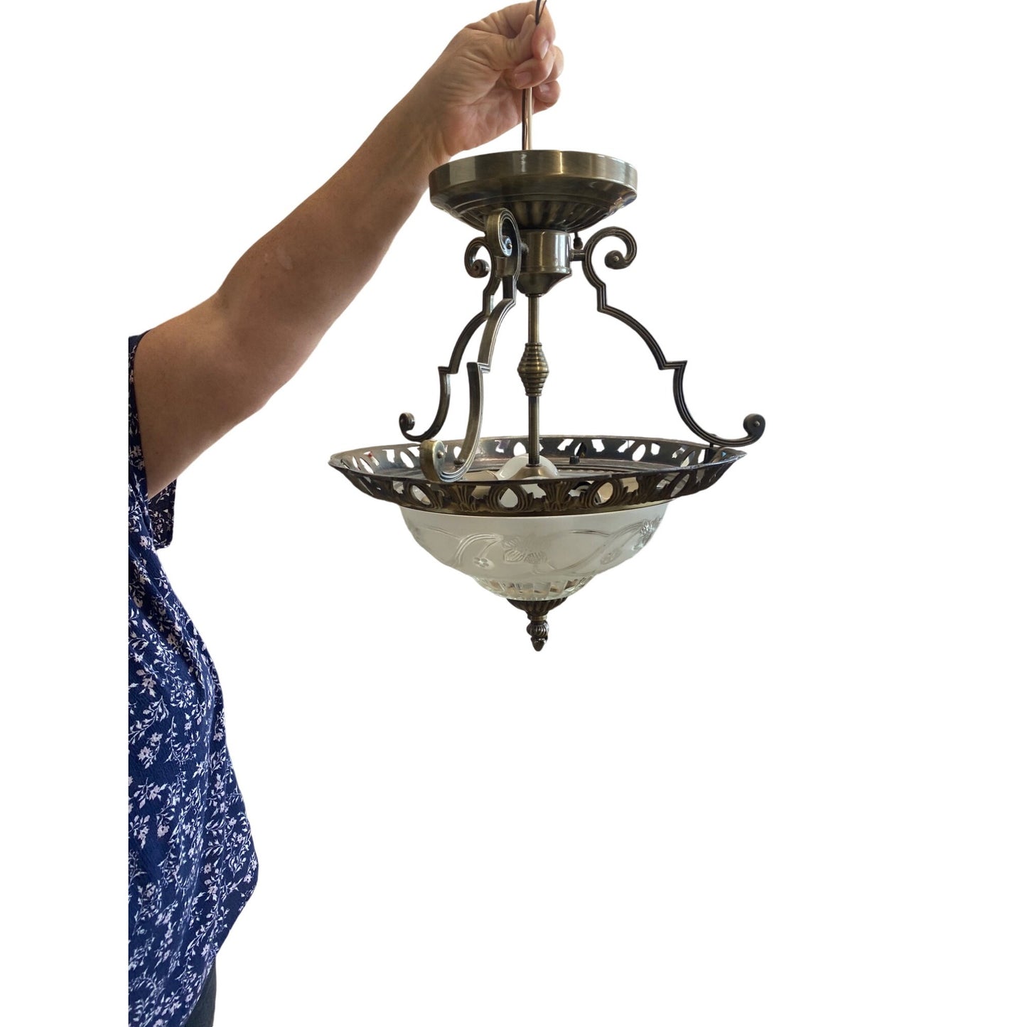 Antique Look Brass & Frosted Glass 2-Light Ceiling Fixture