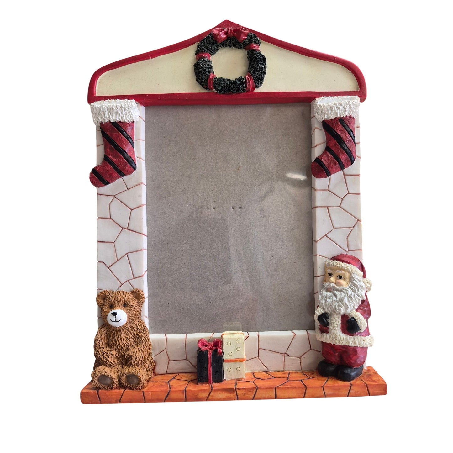 Christmas Fireplace Mantle Picture Frame Santa Bear & Stockings Holiday Decor