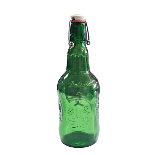 Vintage Grolsch Green Glass Swing-Top Bottle With Embossed Design & Ceramic Stopper