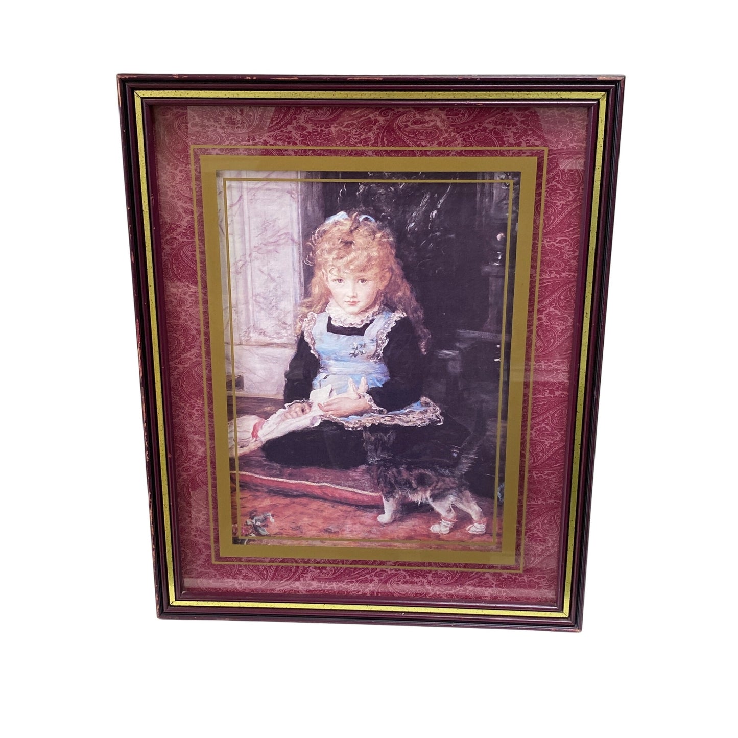 Antique-Style Framed Art Print With Paisley Matting & Gold Trim “Puss & Boots” Print