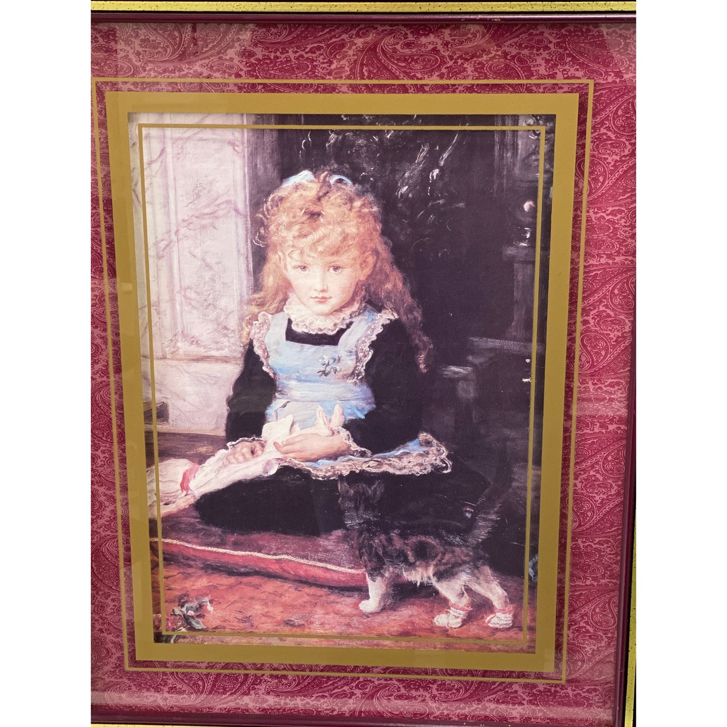 Antique-Style Framed Art Print With Paisley Matting & Gold Trim “Puss & Boots” Print