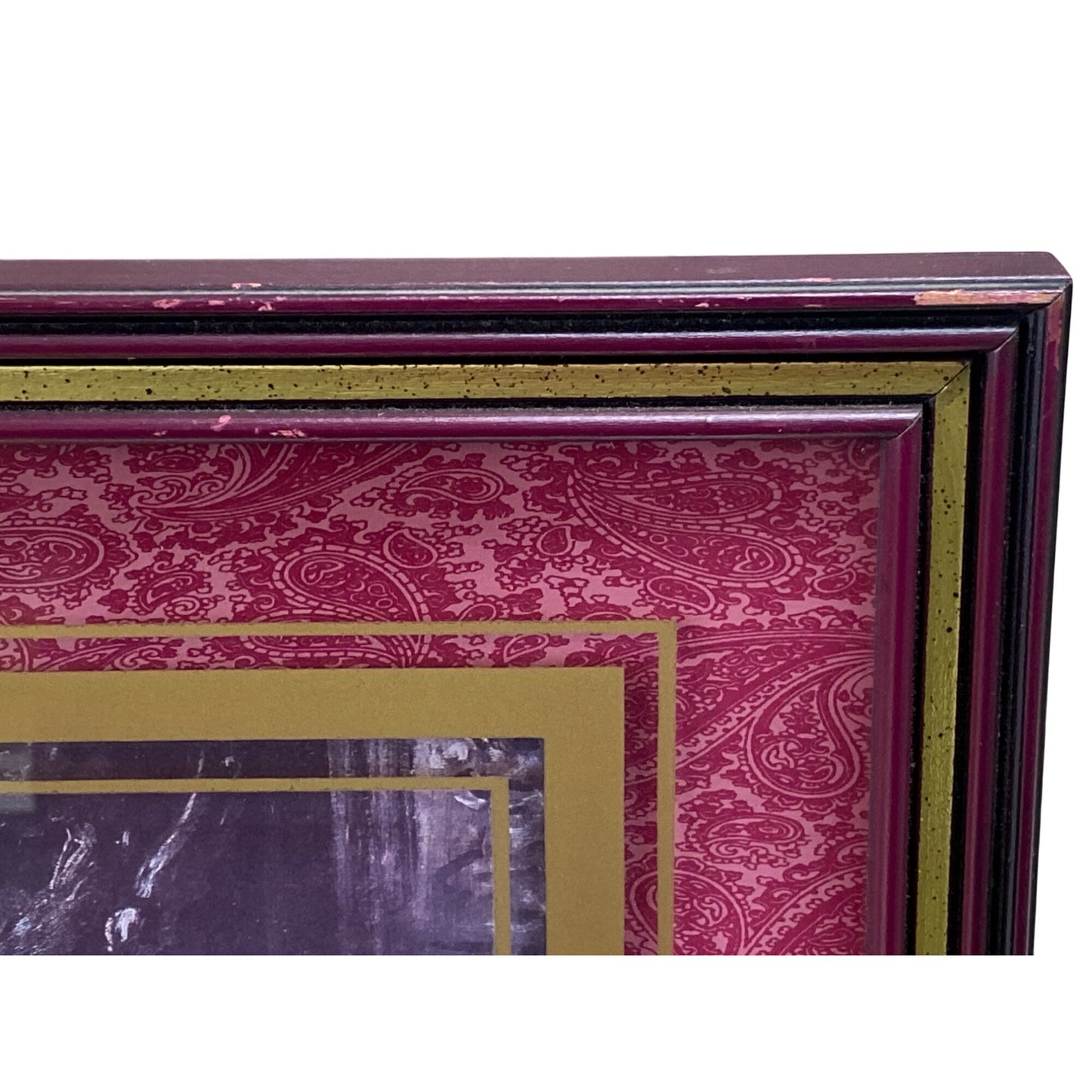 Antique-Style Framed Art Print With Paisley Matting & Gold Trim “Puss & Boots” Print