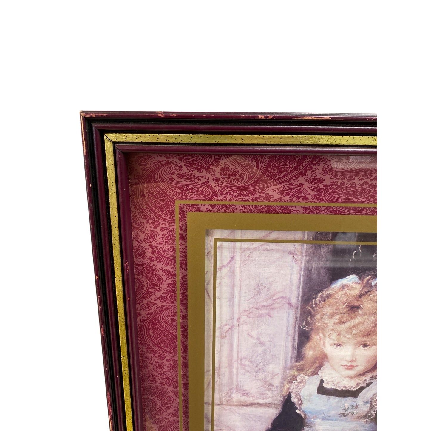 Antique-Style Framed Art Print With Paisley Matting & Gold Trim “Puss & Boots” Print
