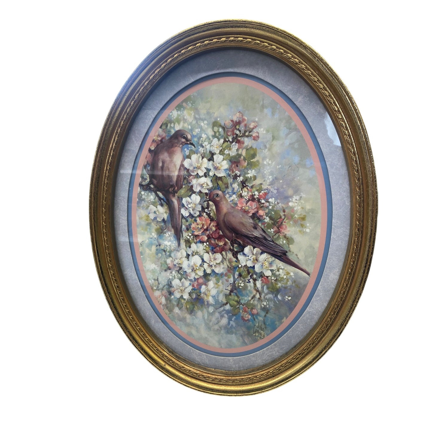 Vintage Oval Framed Bird Print By Julia Grainer In Gold Frame With Floral Background