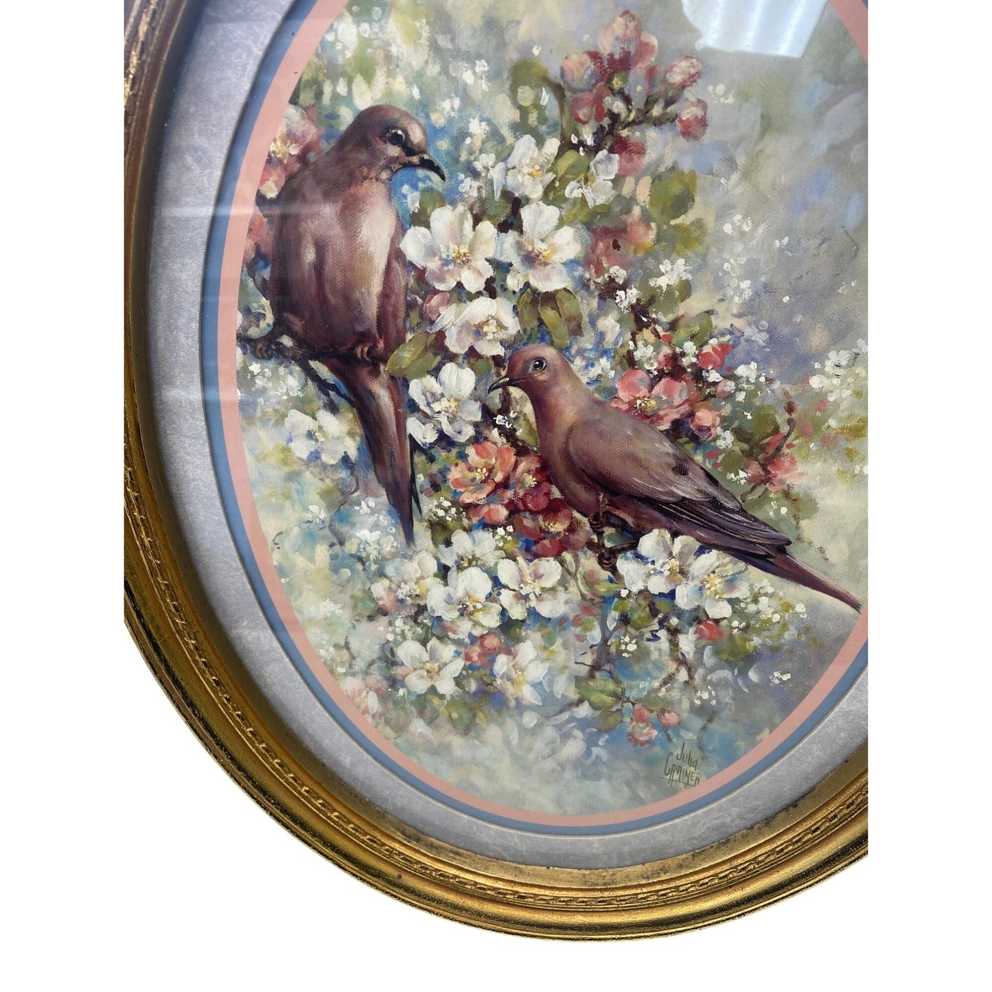 Vintage Oval Framed Bird Print By Julia Grainer In Gold Frame With Floral Background