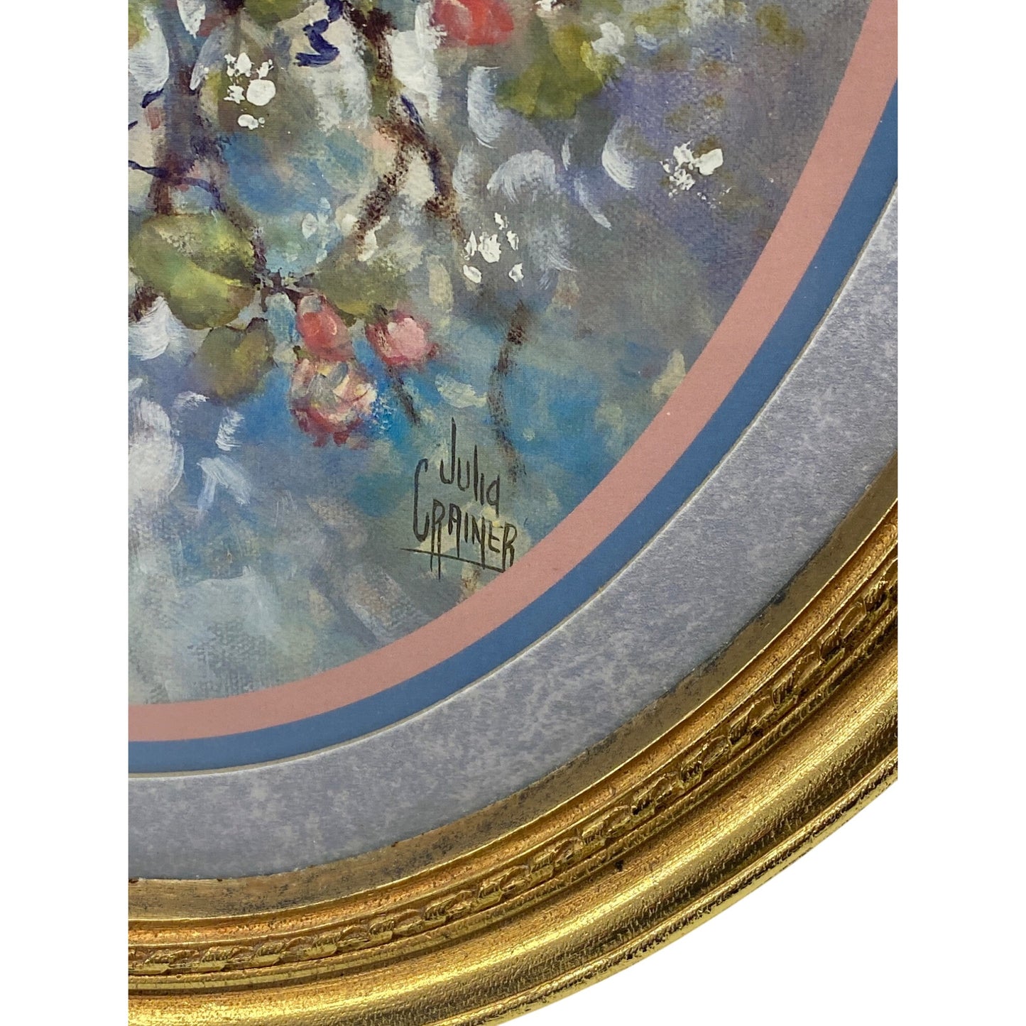 Vintage Oval Framed Bird Print By Julia Grainer In Gold Frame With Floral Background