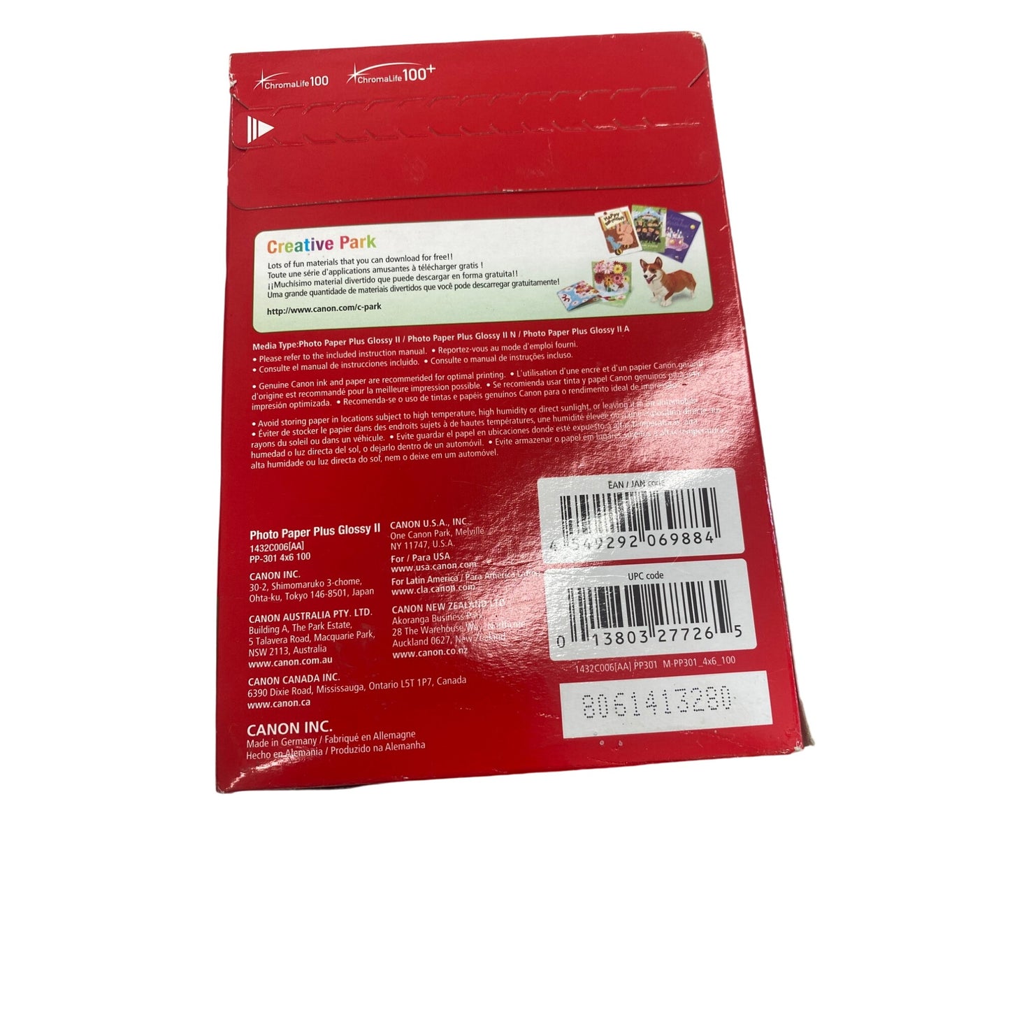 Canon Photo Paper Plus Glossy II PP-301 4"x6" 100 Sheets High Gloss