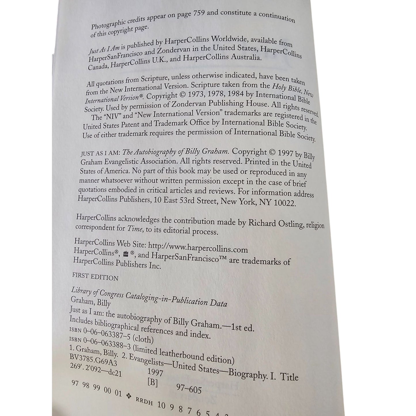 Just As I Am: The Autobiography Of Billy Graham Hardcover Harper San Francisco Zondervan 1997 Edition