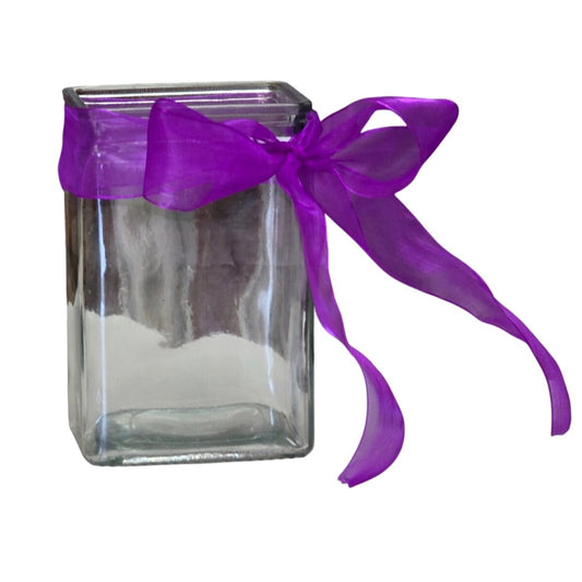Square Clear Glass Jar Purple Ribbon Bow Vase Decor