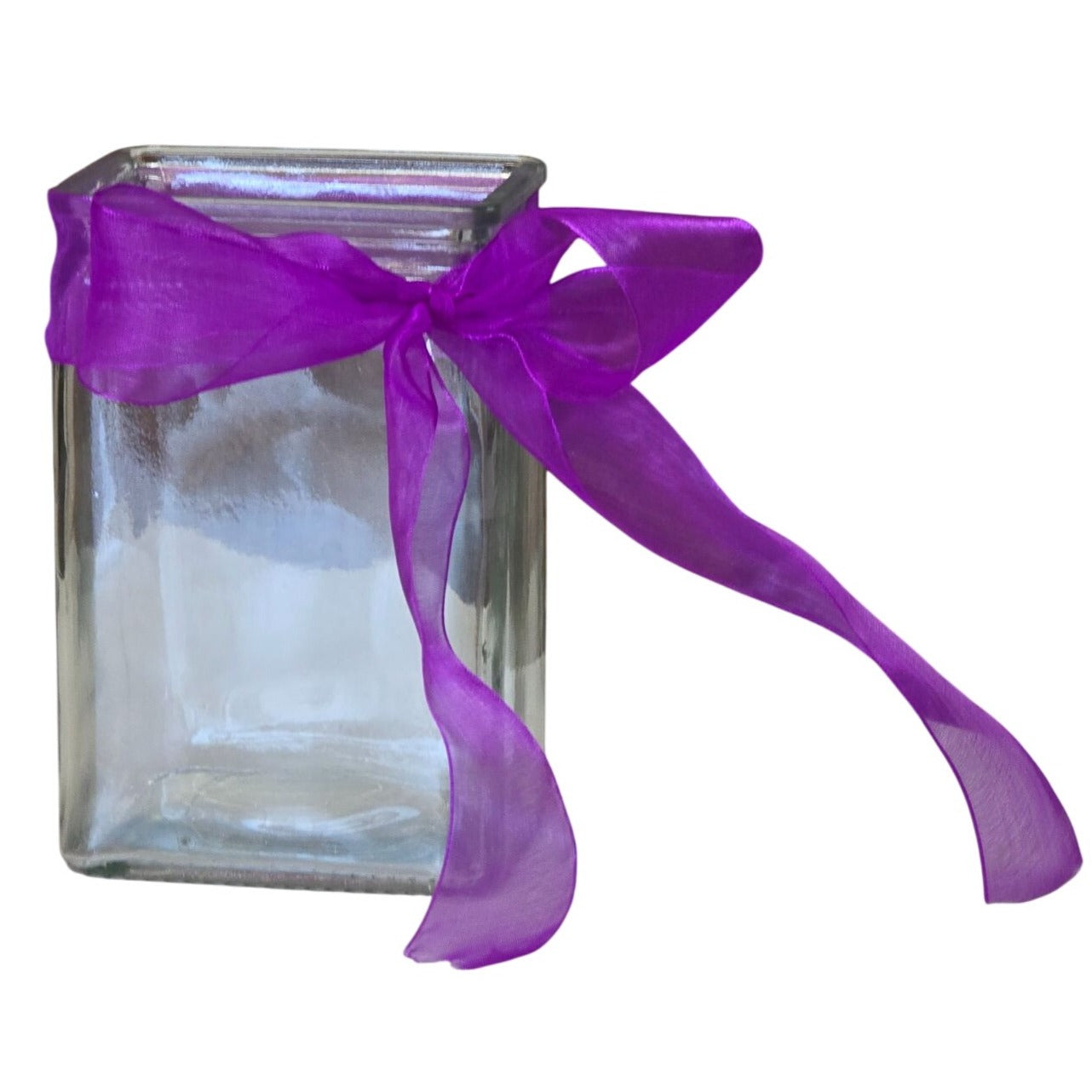 Square Clear Glass Jar Purple Ribbon Bow Vase Decor
