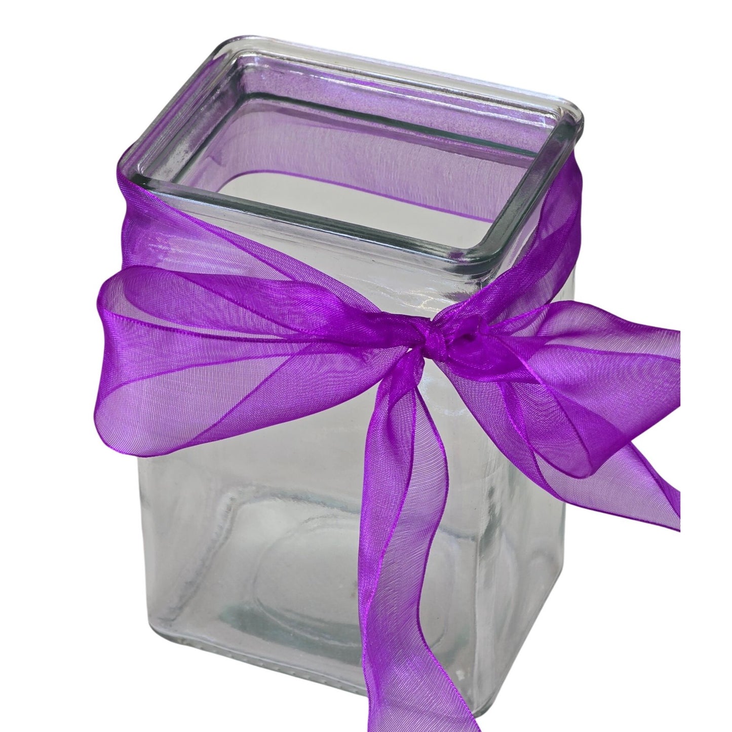 Square Clear Glass Jar Purple Ribbon Bow Vase Decor
