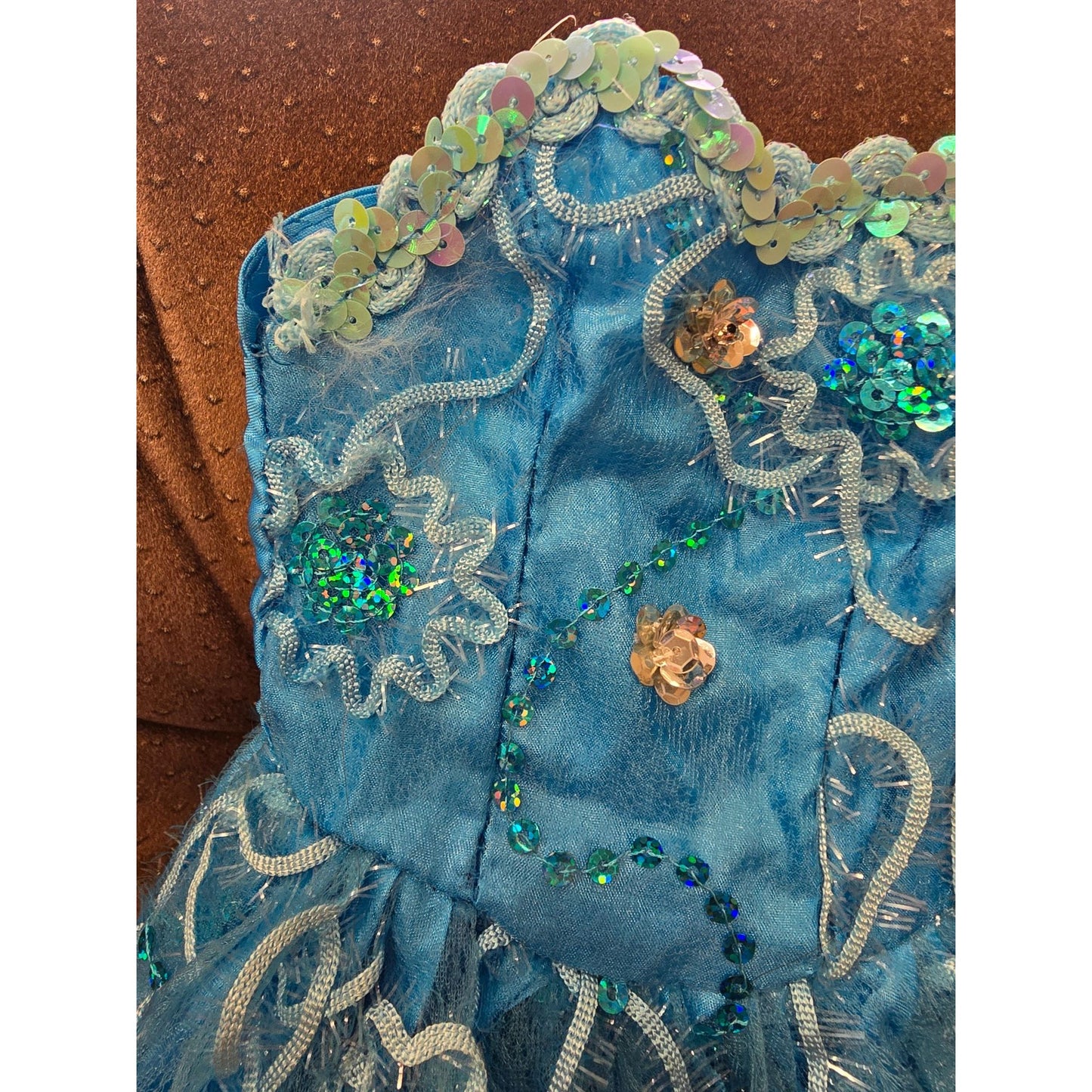 Handmade 25" Blue Embellished Doll Ball Gown Dress Sequins & Lace Overlay