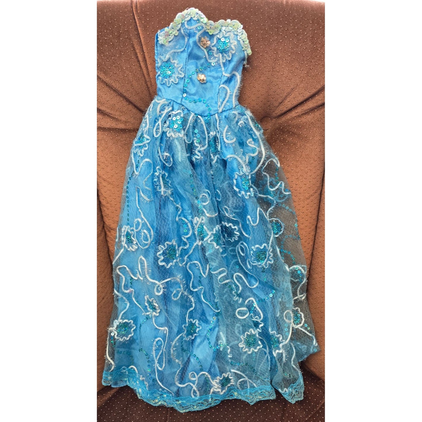 Handmade 25" Blue Embellished Doll Ball Gown Dress Sequins & Lace Overlay