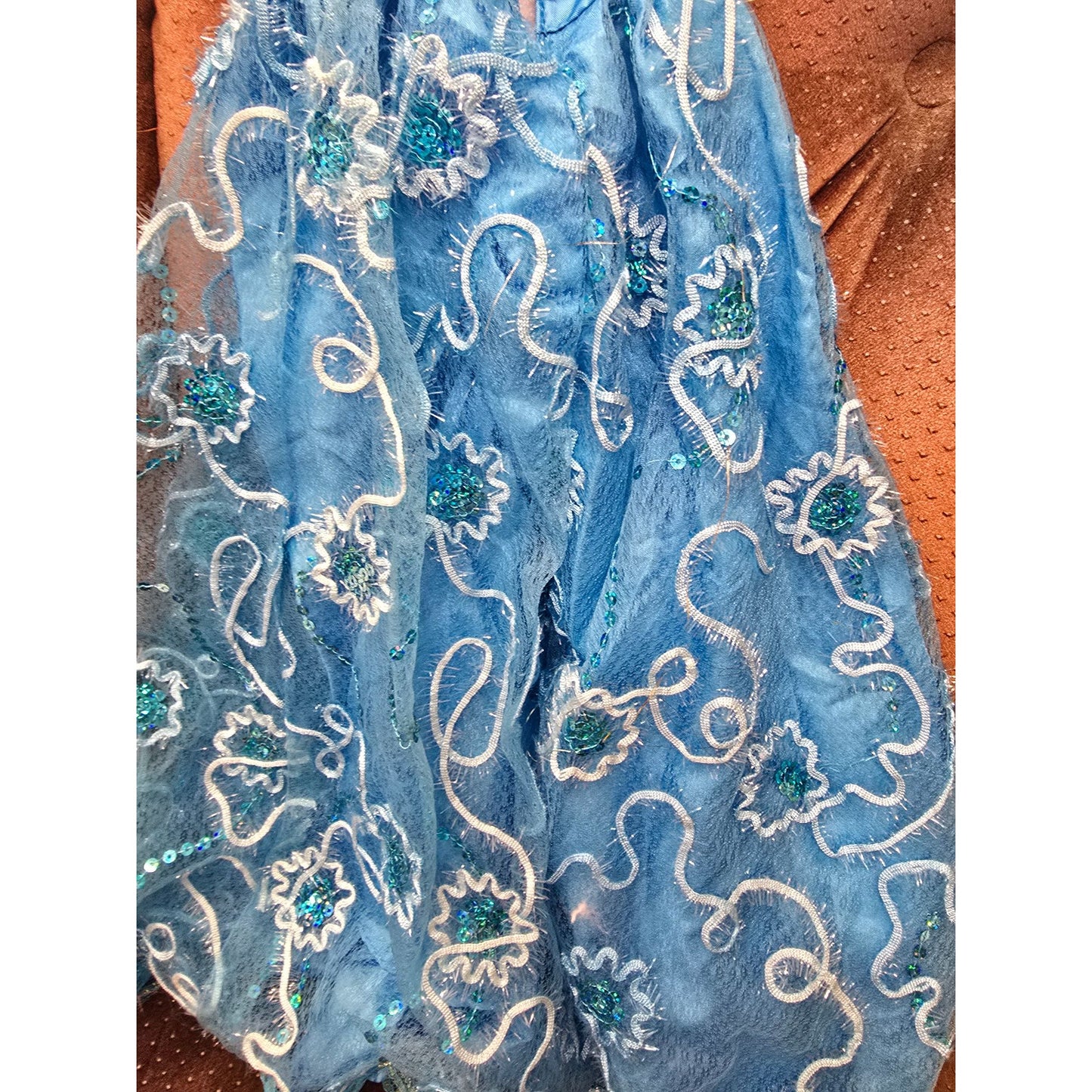 Handmade 25" Blue Embellished Doll Ball Gown Dress Sequins & Lace Overlay