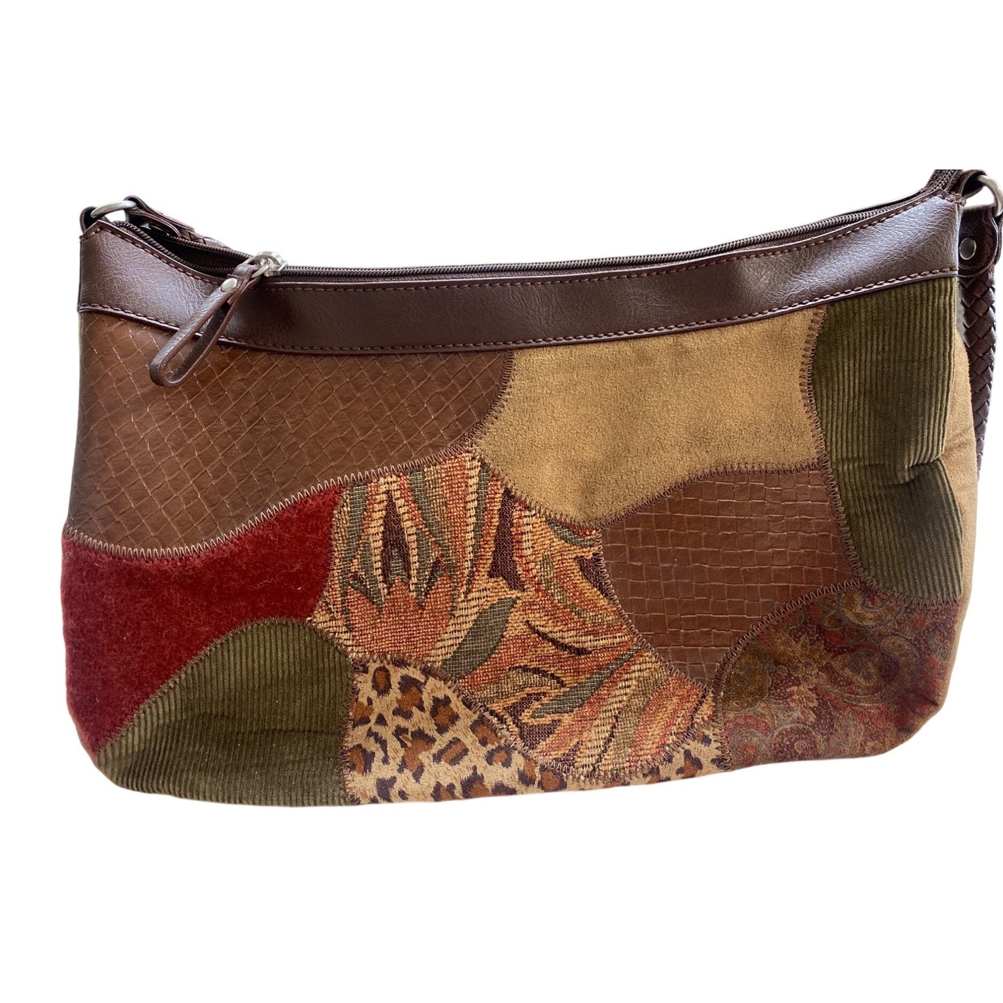 Studio Works Brown Faux Suede & Patchwork Shoulder Bag With Zipper Closure