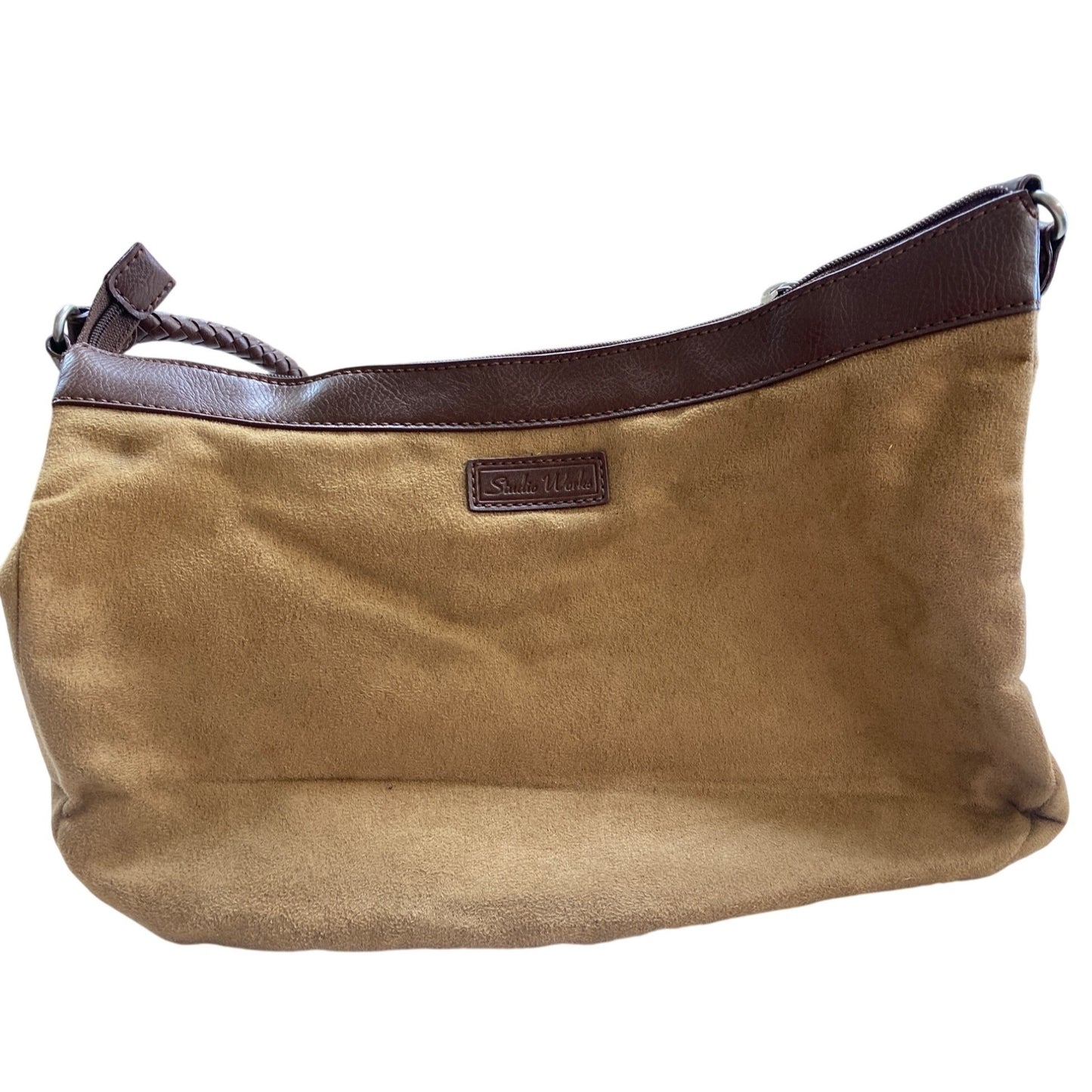 Studio Works Brown Faux Suede & Patchwork Shoulder Bag With Zipper Closure