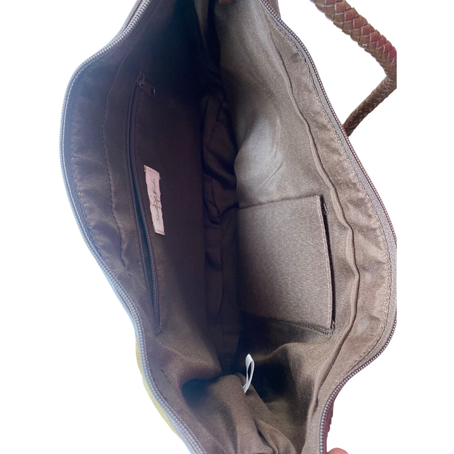 Studio Works Brown Faux Suede & Patchwork Shoulder Bag With Zipper Closure