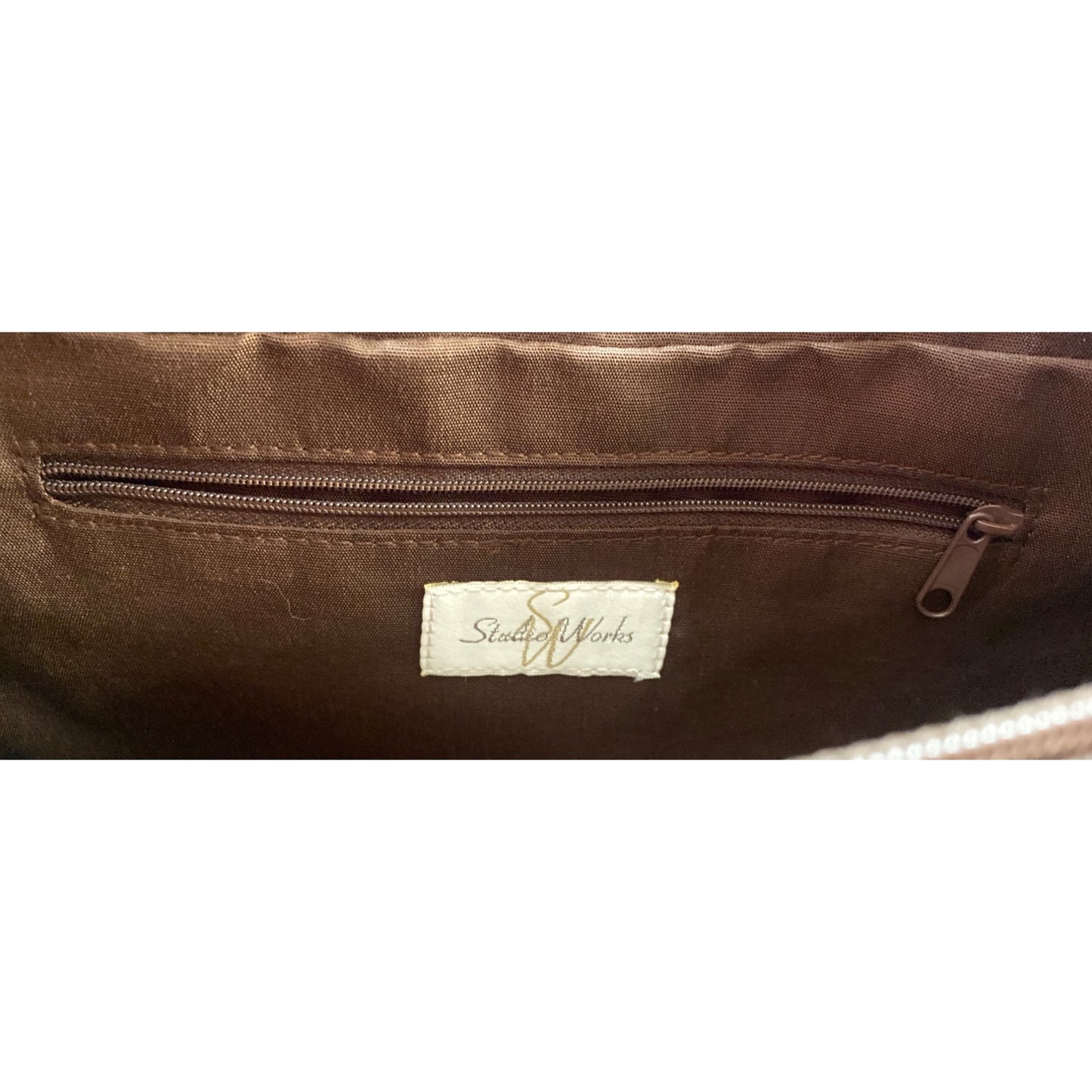 Studio Works Brown Faux Suede & Patchwork Shoulder Bag With Zipper Closure