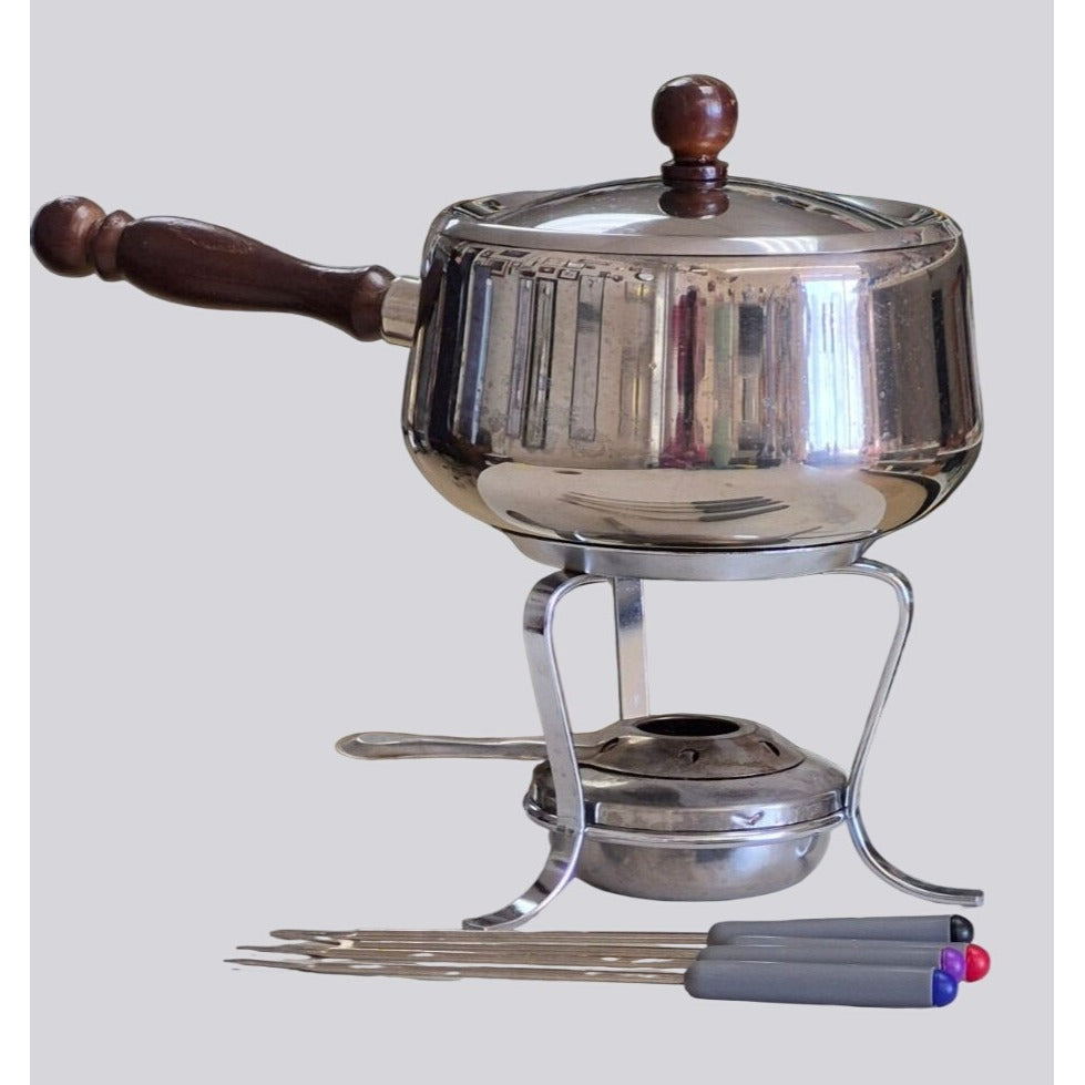 Vintage Stainless Steel Fondue Set With Wooden Handle & Skewers