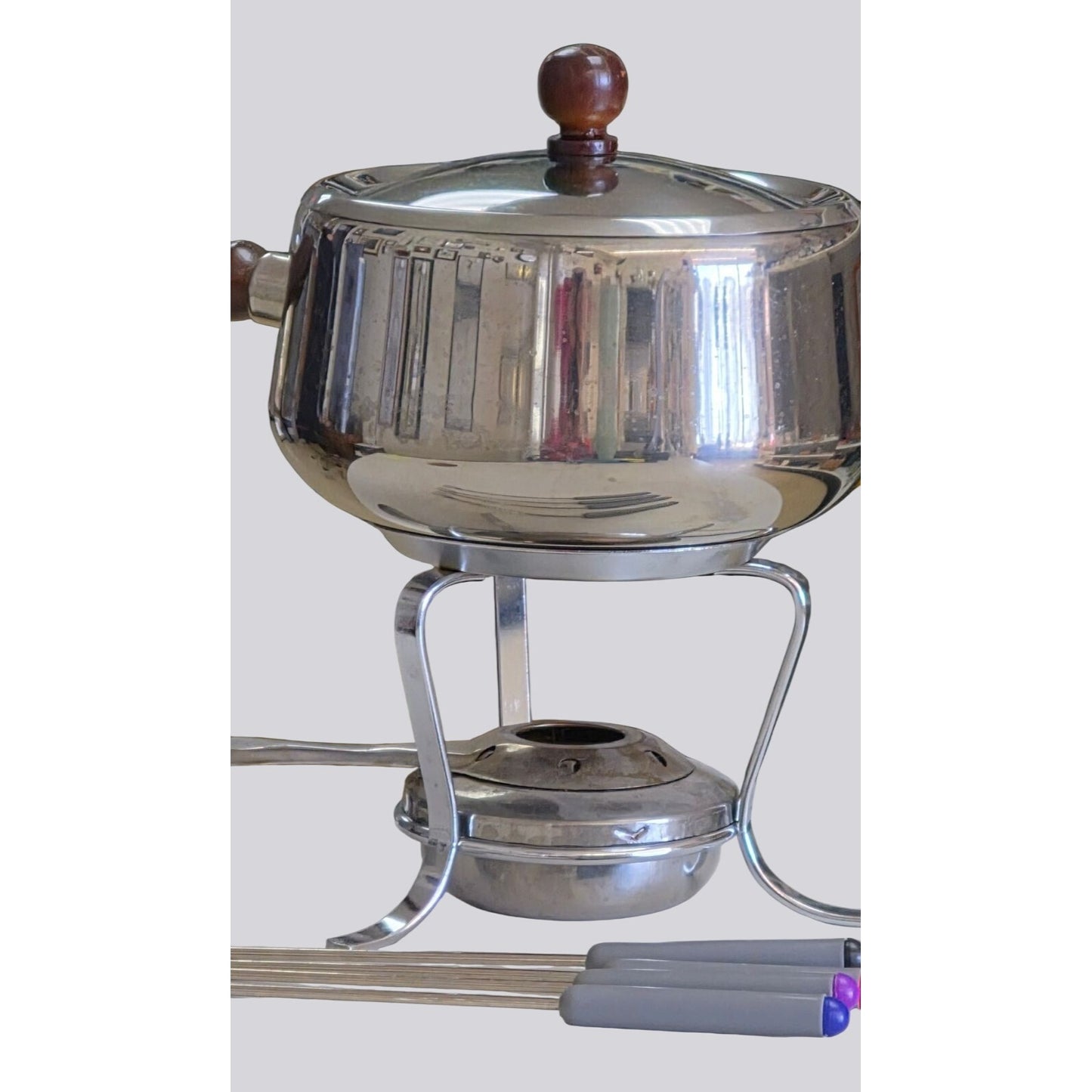 Vintage Stainless Steel Fondue Set With Wooden Handle & Skewers