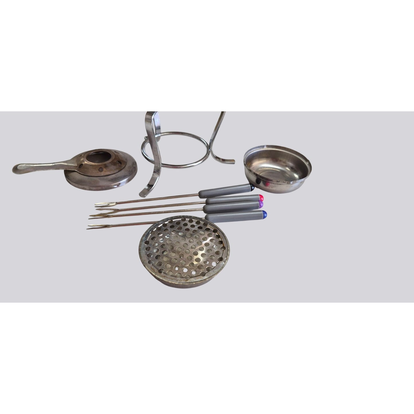 Vintage Stainless Steel Fondue Set With Wooden Handle & Skewers
