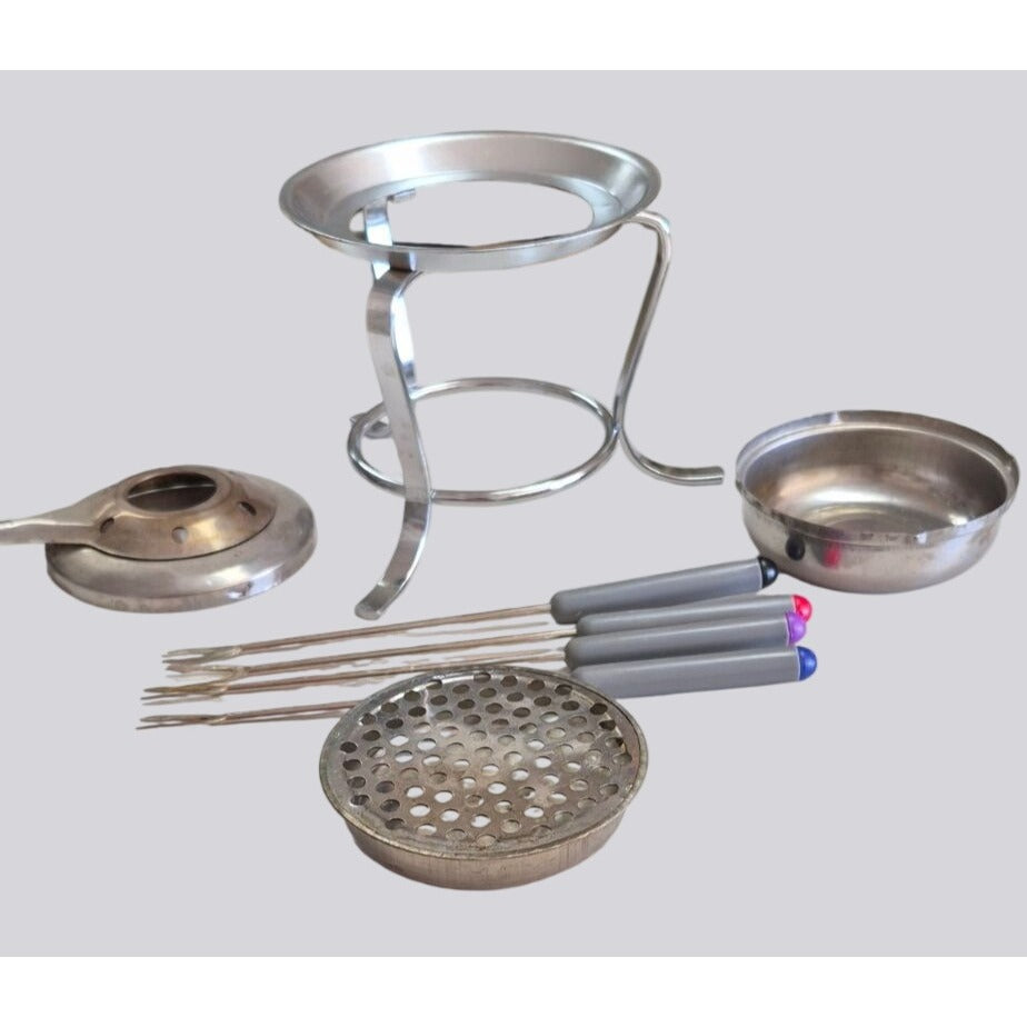 Vintage Stainless Steel Fondue Set With Wooden Handle & Skewers