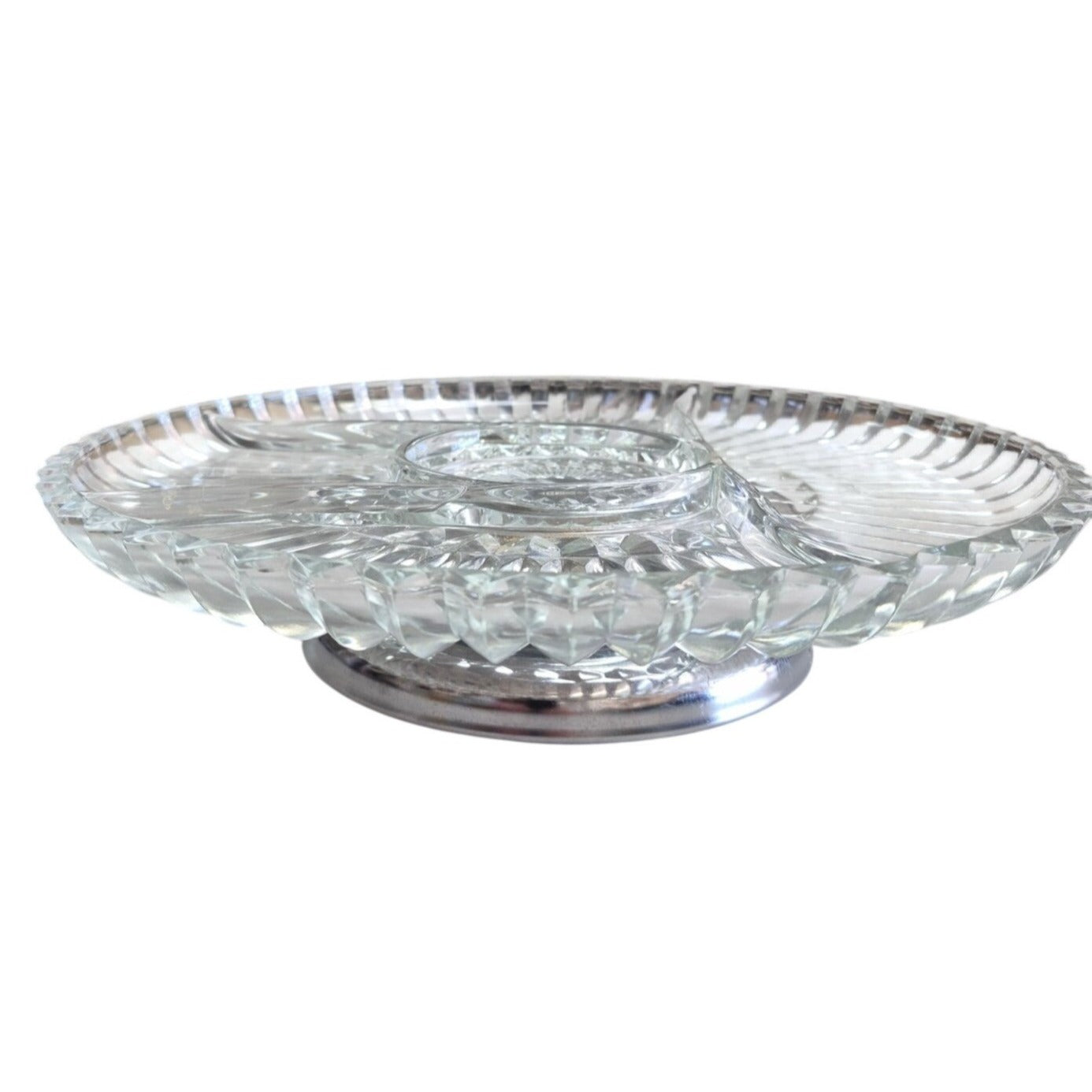 Vintage Kromex Glass Divided Serving Tray Metal Base